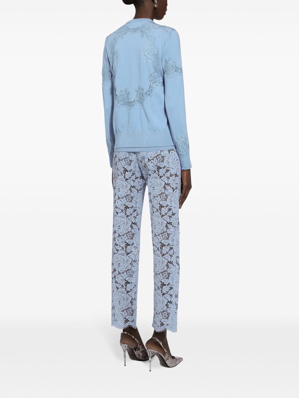 Dolce &amp; Gabbana Embroidered Lace Trousers with Floral Detailing in Clear Blue
