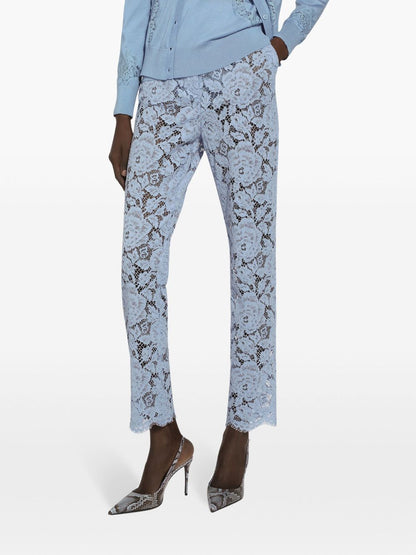 Dolce &amp; Gabbana Embroidered Lace Trousers with Floral Detailing in Clear Blue