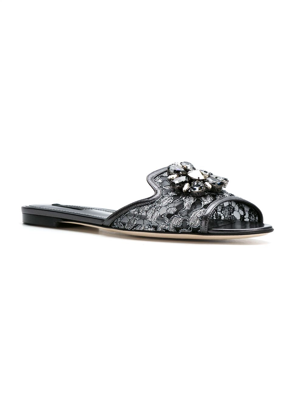 Dolce &amp; Gabbana Bianca Crystal-Embellished Floral Lace Flat Sandals Silver
