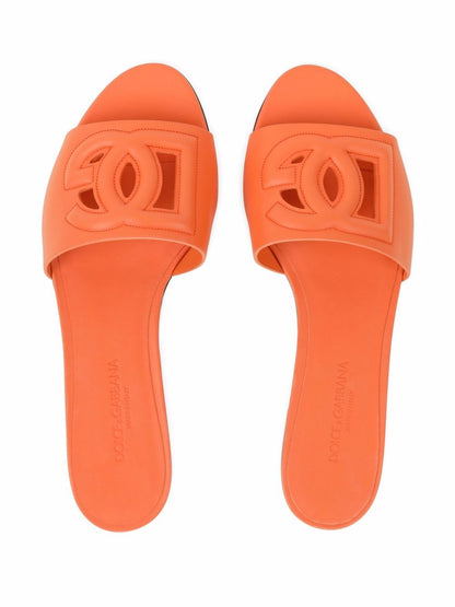Dolce &amp; Gabbana Calf Leather Cut-Out Logo Flat Sandals Orange