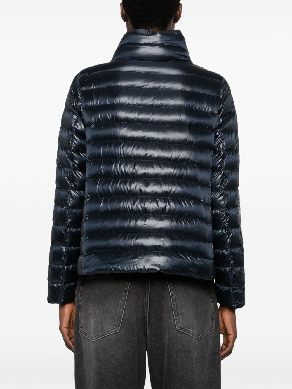 Herno Short Down Jacket with High-Shine Contrast Hood Blue