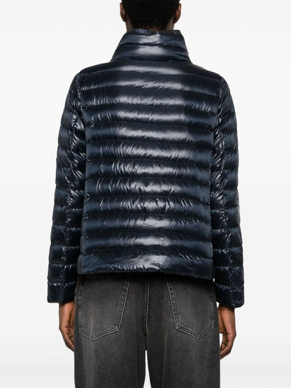 Herno Short Down Jacket with High-Shine Contrast Hood Blue