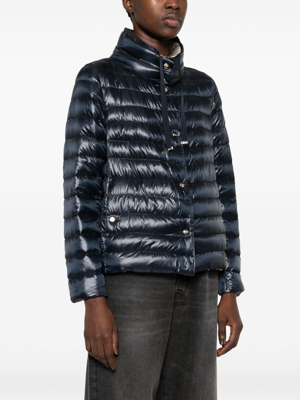 Herno Short Down Jacket with High-Shine Contrast Hood Blue
