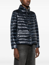 Herno Short Down Jacket with High-Shine Contrast Hood Blue