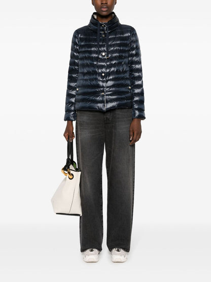 Herno Short Down Jacket with High-Shine Contrast Hood Blue