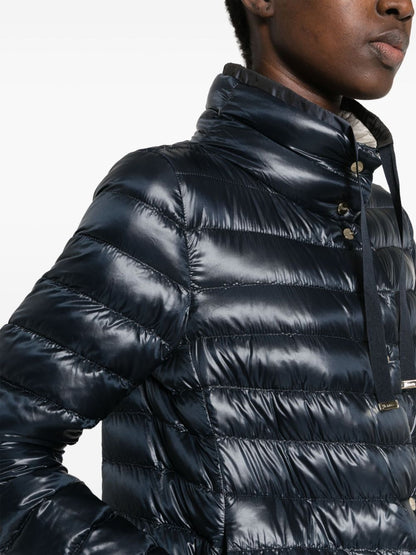 Herno Short Down Jacket with High-Shine Contrast Hood Blue