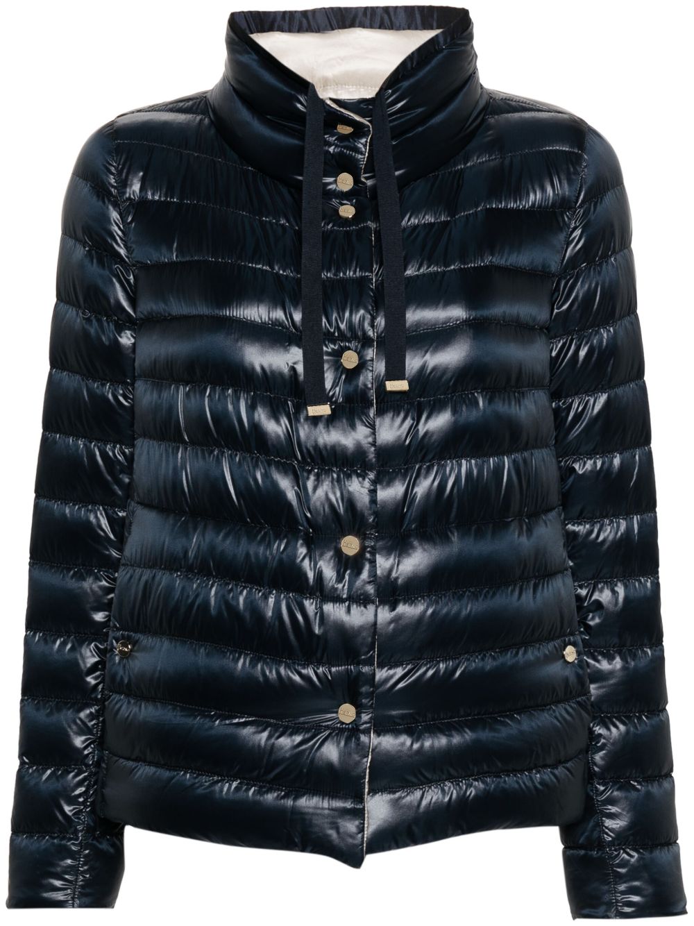 Herno Short Down Jacket with High-Shine Contrast Hood Blue
