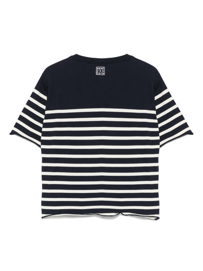 Semicouture Striped Cotton Sweater with Embroidered Logo Blue Blue