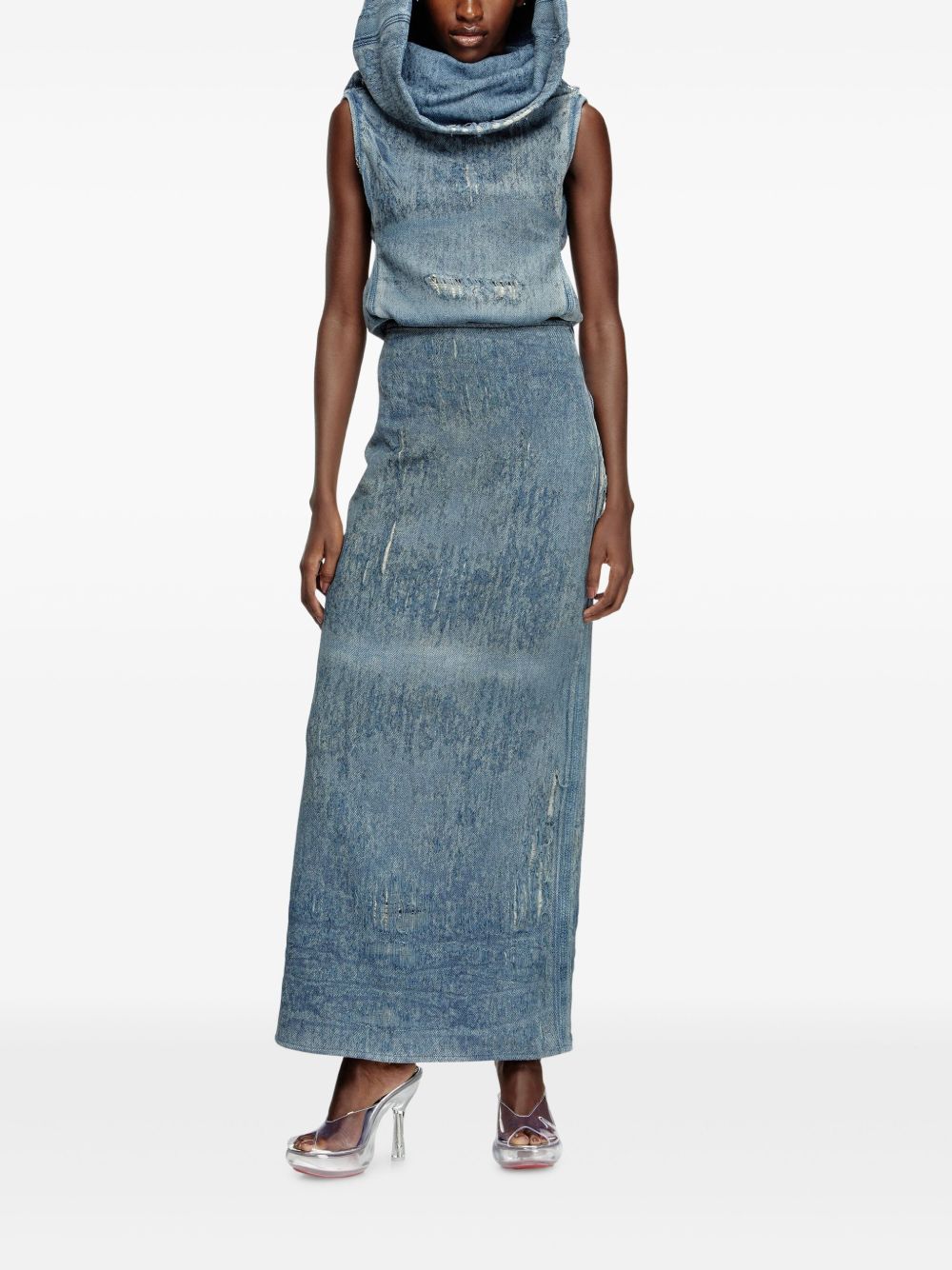 Diesel Distressed High-Rise Ocean Blue Denim Midi Skirt Clear Blue