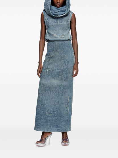 Diesel Distressed High-Rise Ocean Blue Denim Midi Skirt Clear Blue