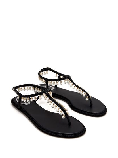René Caovilla Diana Pearl Embellished Leather Sandals Black