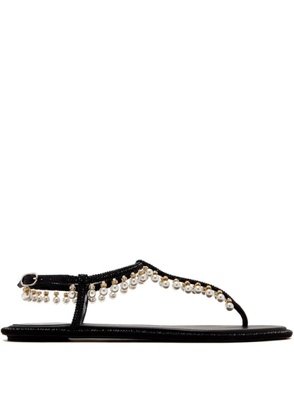 René Caovilla Diana Pearl Embellished Leather Sandals Black