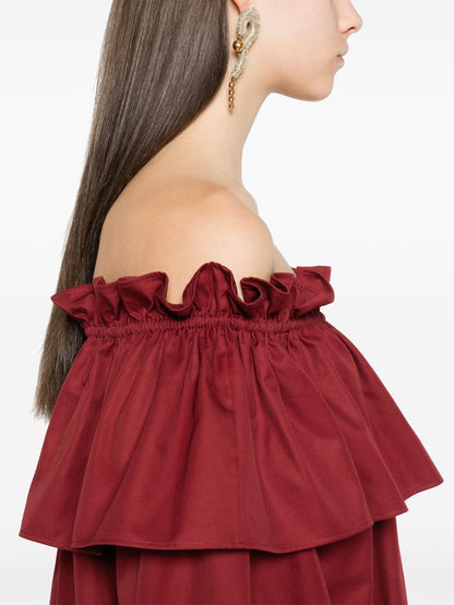 Saint Laurent Twill Ruffled Detail Mini Dress Red