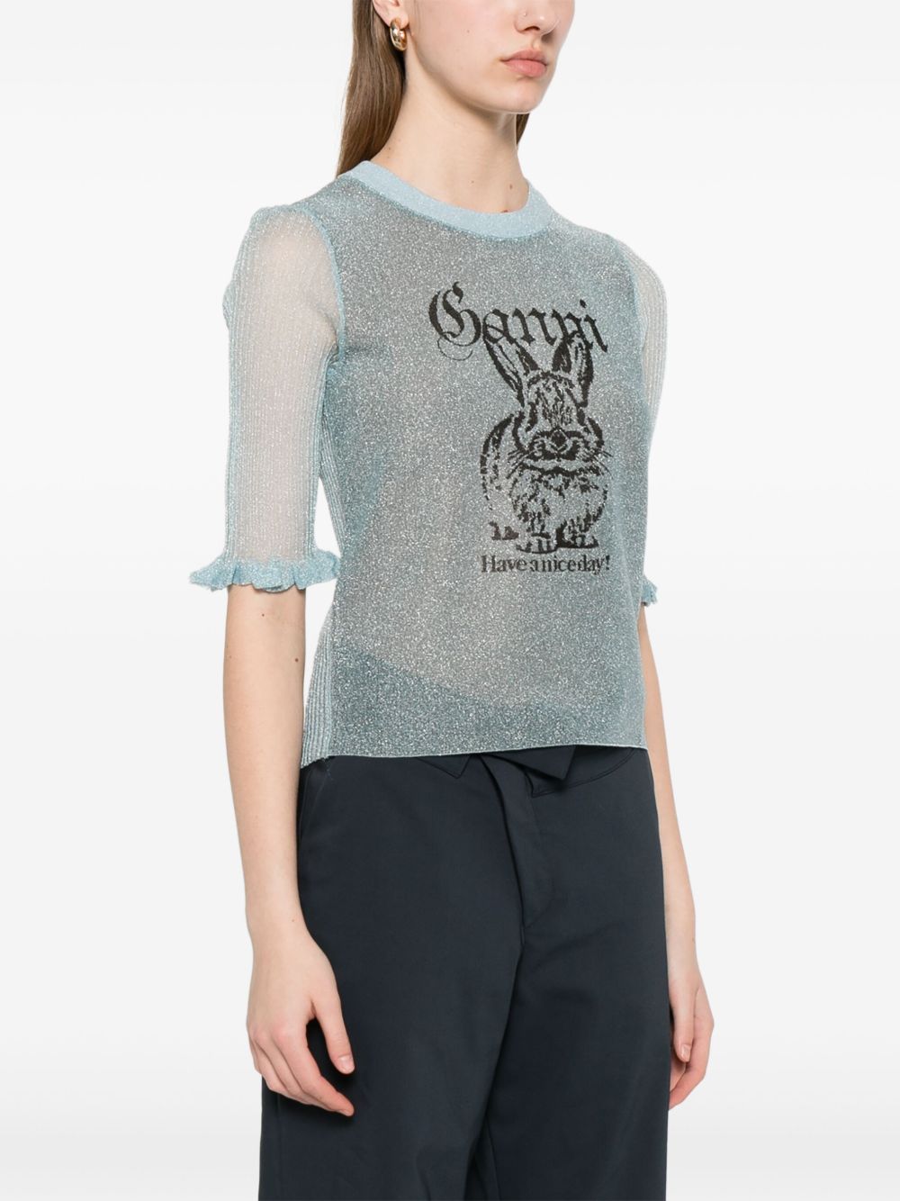 GANNI Bunny Crewneck Top Light Blue