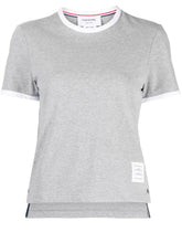 Thom Browne Cotton T-Shirt with Contrasting RWB Stripes and Side Button Grey