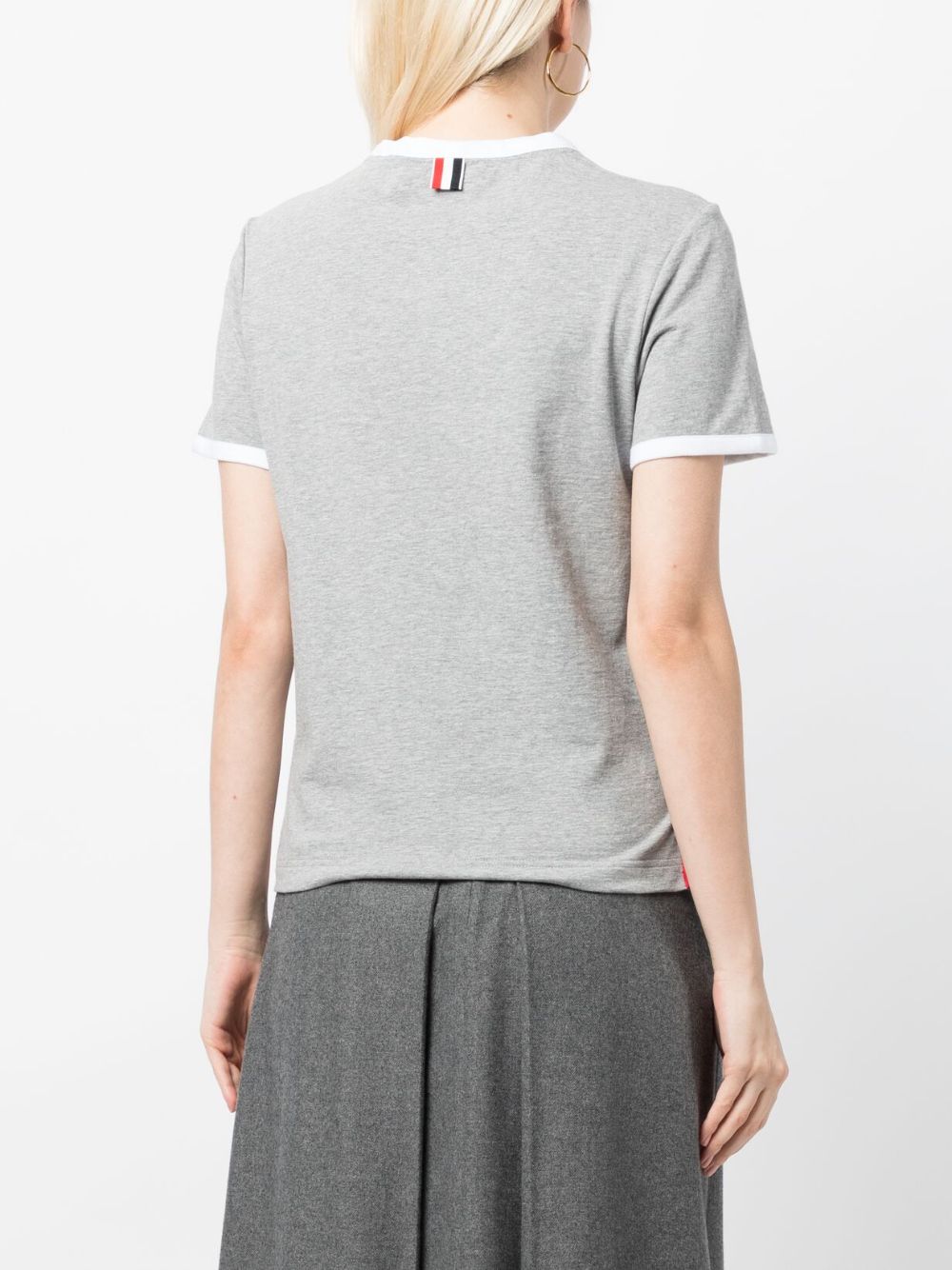 Thom Browne Cotton T-Shirt with Contrasting RWB Stripes and Side Button Grey