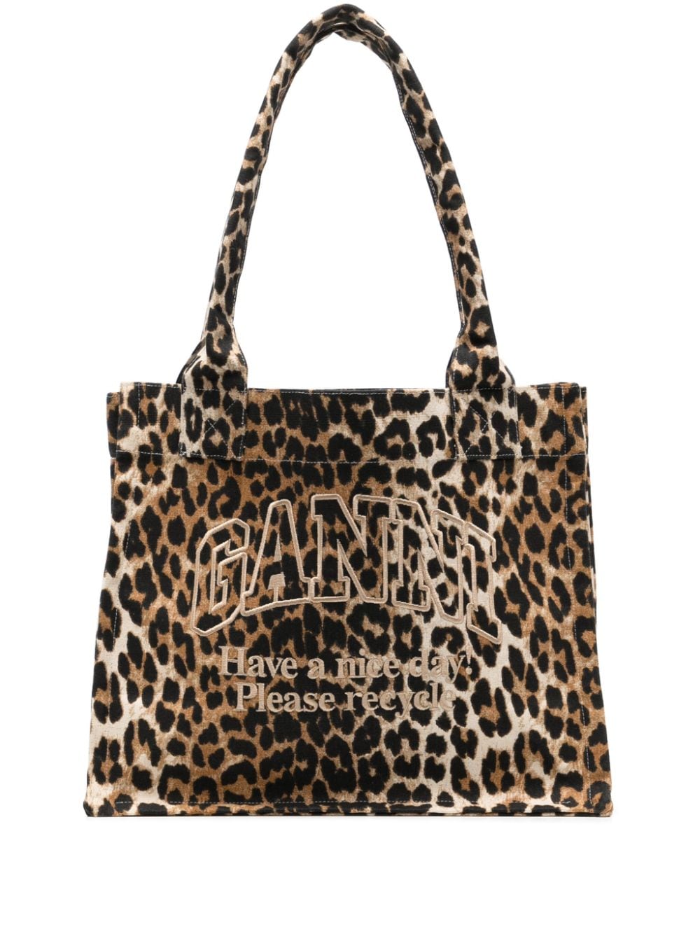 Ganni Large Leopard-Print Canvas Tote Bag Brown