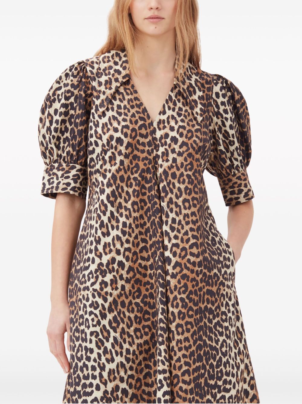 Ganni Leopard-Print Organic Cotton Shirtdress Brown