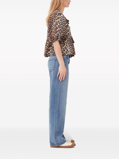 Ganni Leopard-Print Organic Cotton Peplum Top Brown