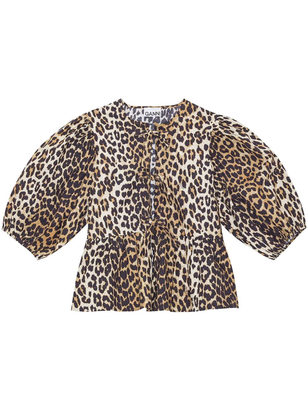 Ganni Leopard-Print Organic Cotton Peplum Top Brown