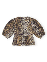 Ganni Leopard-Print Organic Cotton Peplum Top Brown