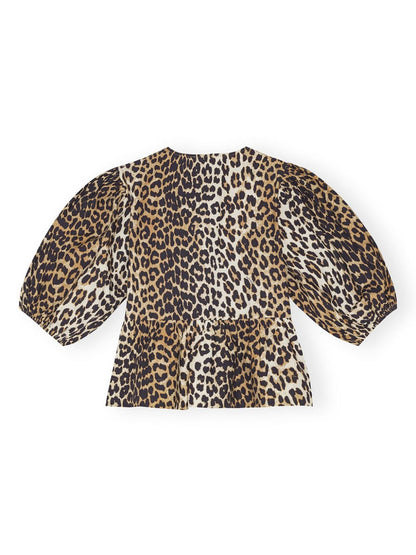 Ganni Leopard-Print Organic Cotton Peplum Top Brown