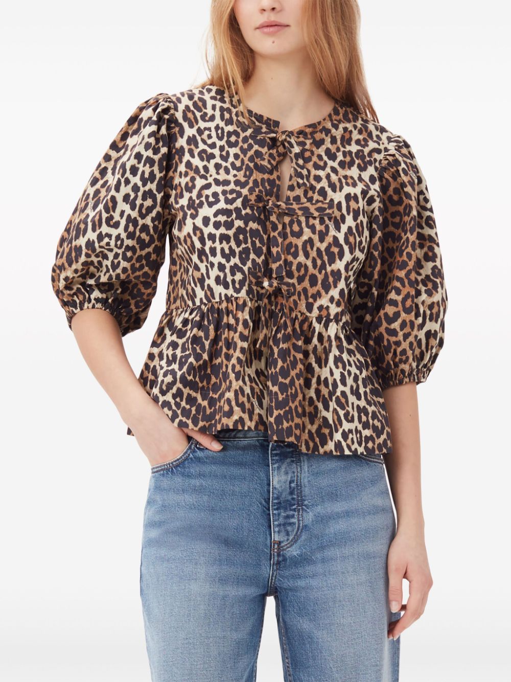 Ganni Leopard-Print Organic Cotton Peplum Top Brown