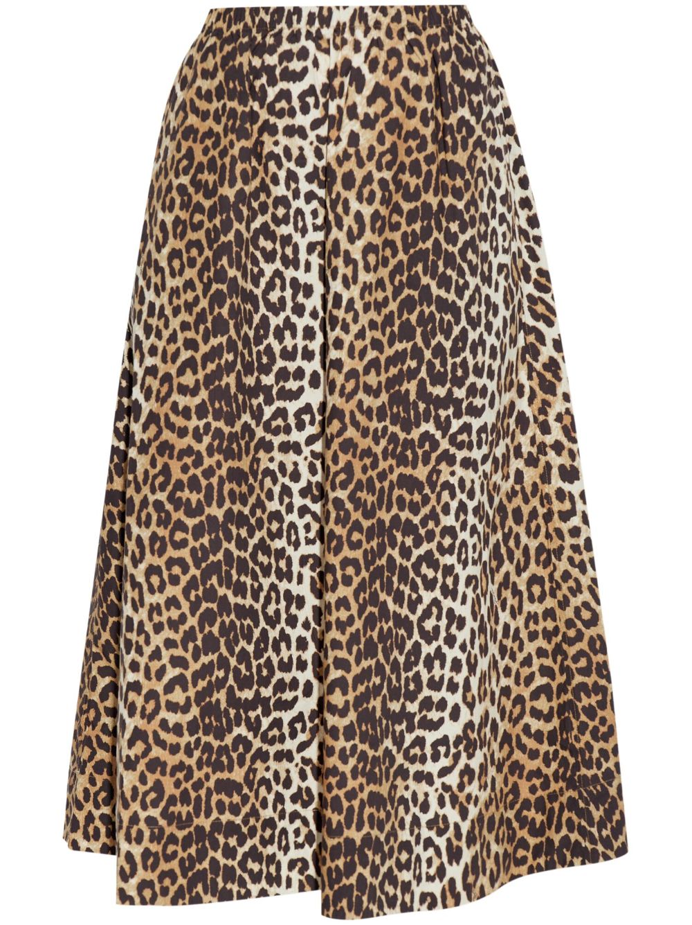 Ganni Leopard Print Organic Cotton A-Line Midi Skirt Brown