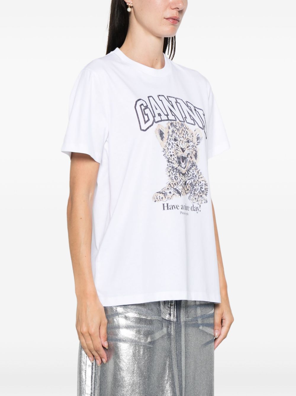 Ganni Leopard-Print Organic Cotton T-Shirt White