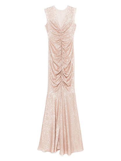 Norma Kamali Curled Fishtail Shirred Long Dress Powder