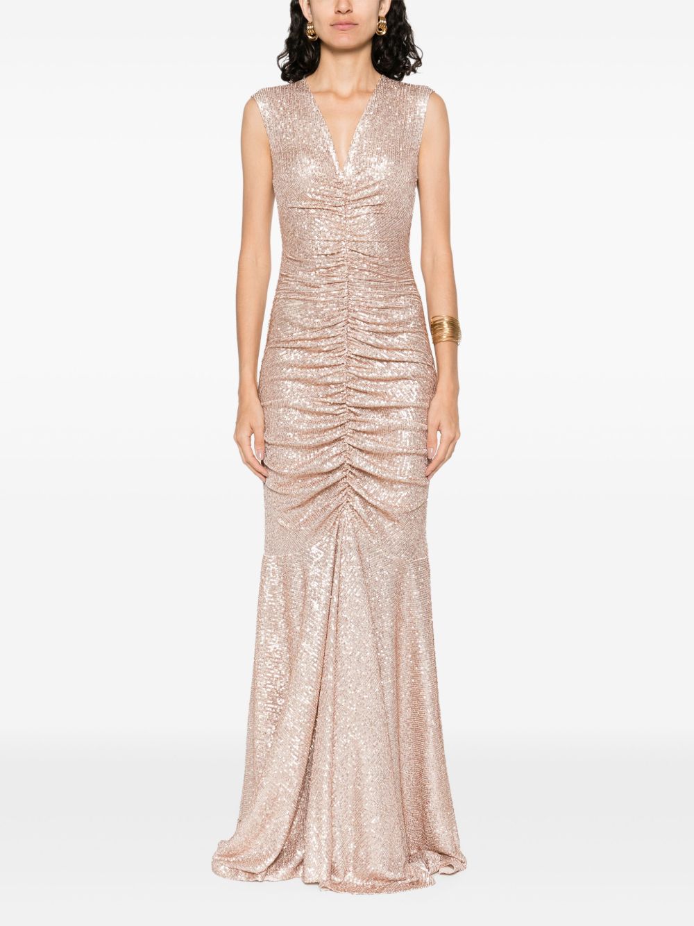 Norma Kamali Curled Fishtail Shirred Long Dress Powder