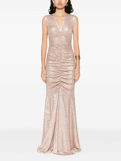 Norma Kamali Curled Fishtail Shirred Long Dress Powder