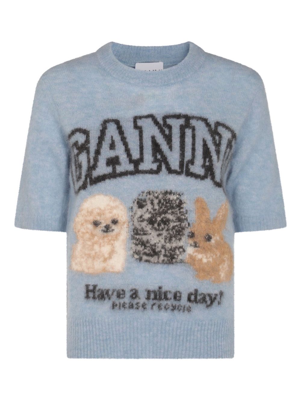 Ganni Crew Neck Ribbed Wool-Blend T-Shirt Clear Blue