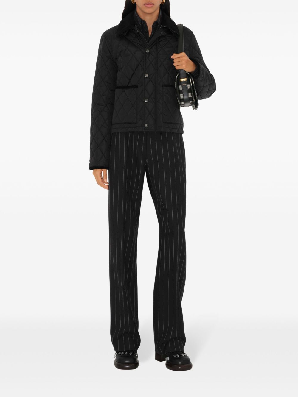 Burberry Textured Quilted Nylon Jacket with Corduroy Collar Black