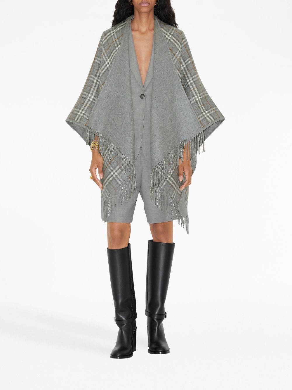 Burberry Check Wool Fringed Reversible Cape Grey