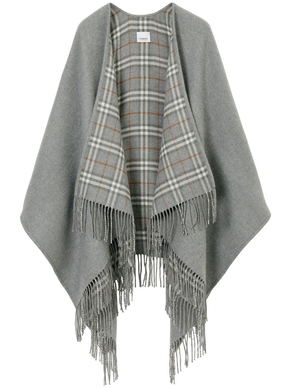 Burberry Check Wool Fringed Reversible Cape Grey