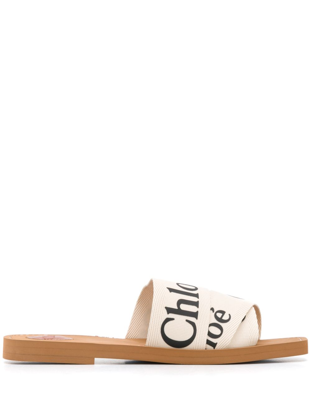 Chloè Woody White Logo Linen Flat Sandals White