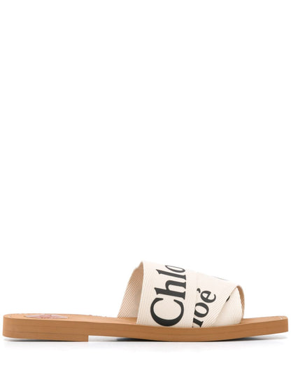 Chloè Woody White Logo Linen Flat Sandals White
