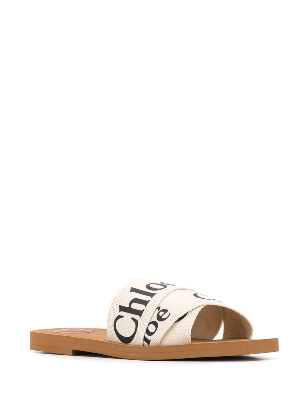 Chloè Woody White Logo Linen Flat Sandals White