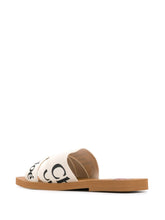 Chloè Woody White Logo Linen Flat Sandals White