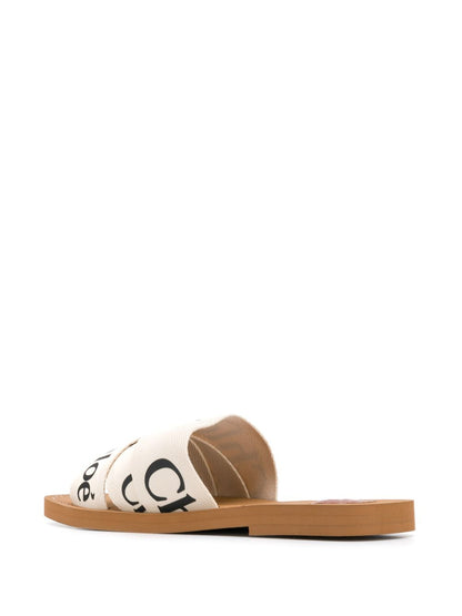 Chloè Woody White Logo Linen Flat Sandals White