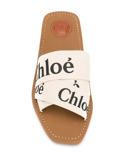 Chloè Woody White Logo Linen Flat Sandals White