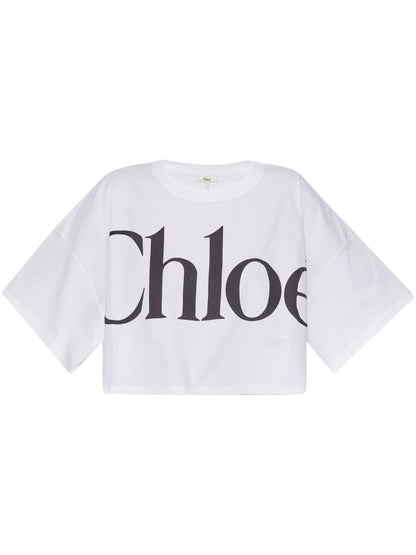 Chloè Cropped Logo-Print Cotton T-Shirt White