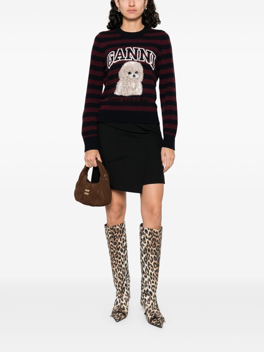 Ganni Striped Poodle Wool Crewneck Sweater Bordeaux