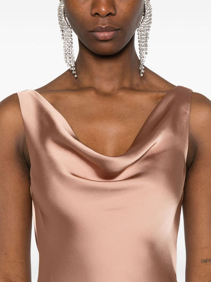 Norma Kamali Maria Cowl-Neck Sleeveless Flared Gown Beige