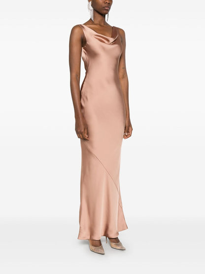 Norma Kamali Maria Cowl-Neck Sleeveless Flared Gown Beige