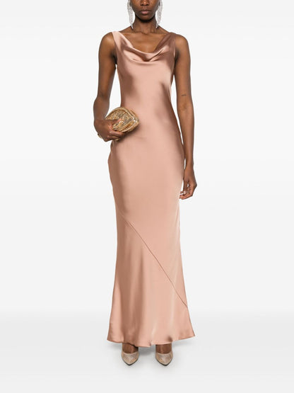 Norma Kamali Maria Cowl-Neck Sleeveless Flared Gown Beige