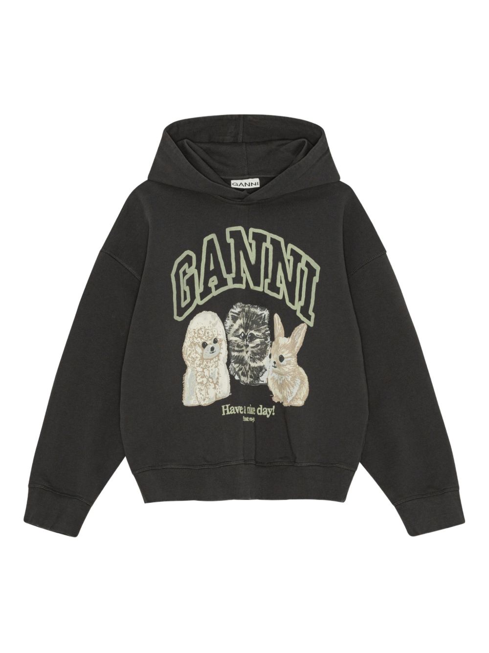 Ganni Oversized Cropped Graphic Organic Cotton Hoodie Grey