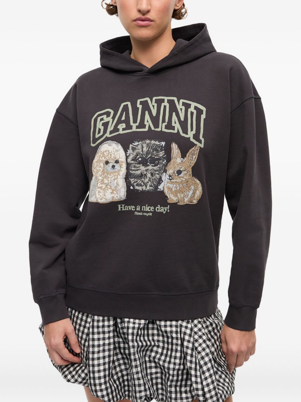 Ganni Oversized Cropped Graphic Organic Cotton Hoodie Grey