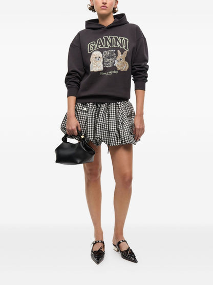 Ganni Oversized Cropped Graphic Organic Cotton Hoodie Grey